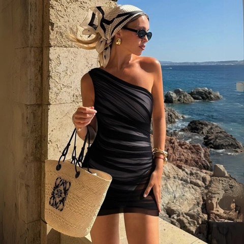 Costume Da Bagno Monospalla In Rete Arricciata E Gonna A Portafoglio Sexy Abbigliamento Mare Nero