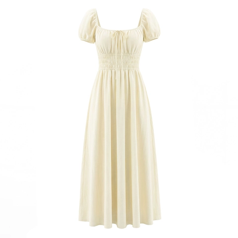 Damen Midi Kleid Baumwolle Puffärmel Quadratischer Ausschnitt Gesmokte Hohe Taille Französischer Stil