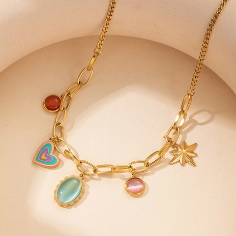 Collar Con Colgante De Corazón De Acero Inoxidable Gema De Color Ojo Estrella Chapado En Oro Para Mujer