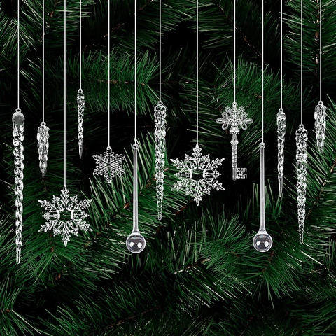 Addobbi Natalizi in Acrilico a Fiocco di Neve e Ghiacciolo Pendente Trasparente Blu Aspetto Cristallo per Decorazione Albero di Natale Vetrina Negozio