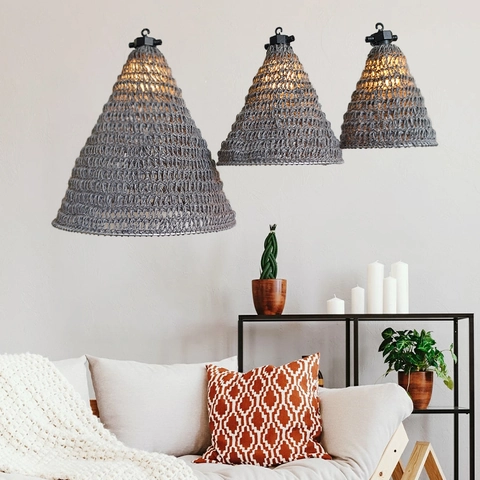 Hand Woven Gray Hemp Cotton Rope Lampshade Bohemian Rustic Cone Shape Pendant Lamp Cover For Home Decor