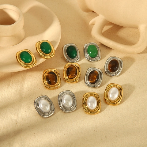 French Retro Oval Earrings Necklace Ring For Women With Natural Stone Faux Artificial Pearl Tiger Eye Stainless Steel Jewelry