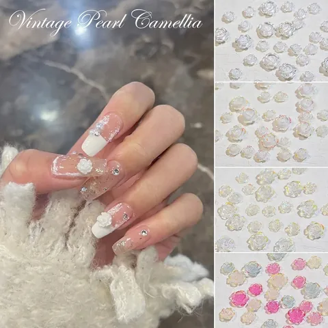 3D Flower Nail Art Charms Resin Pearlescent Camellia Rose Shapes Vintage Artificial Pearl Nails Decorations Japanese Style Elegant