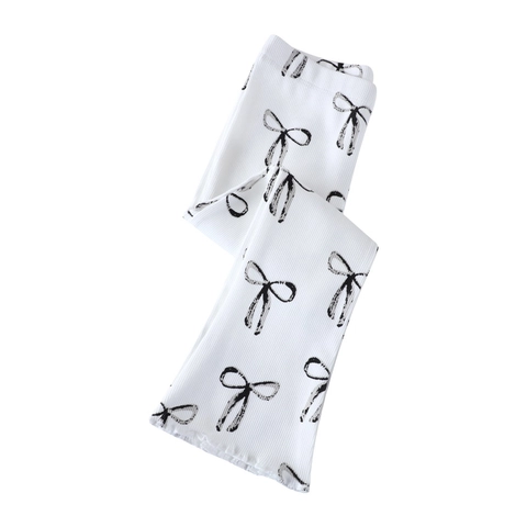 Mädchen Gerippte Schlagleggings Baumwolle Schleifendruck Hose Mit Wellensaum Elastische Taille Weiche Herbst Kinderhose
