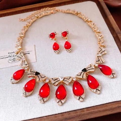 Gioielli Collana Orecchini Goccia D'acqua Vintage Lega Oro Resina Rossa Strass Ciondolo Lusso Elegante Per Donna