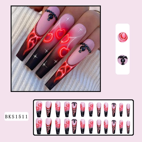 Lange Coffin Kunstnagels Vlam Franse Stijl Roze Zwart Verloop Kerspatroon Strass Hars Vrouwen