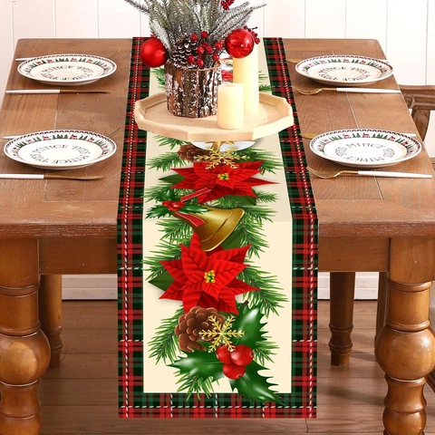 Runner Da Tavola Natale Poliestere Poinsettia Campana Pigna Motivo Decorazione Tavola Festiva Bordo Quadri