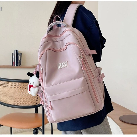 Large Capacity Nylon Backpack For School College Students Waterproof Solid Color Fashion Travel Bag With Plush Pendant