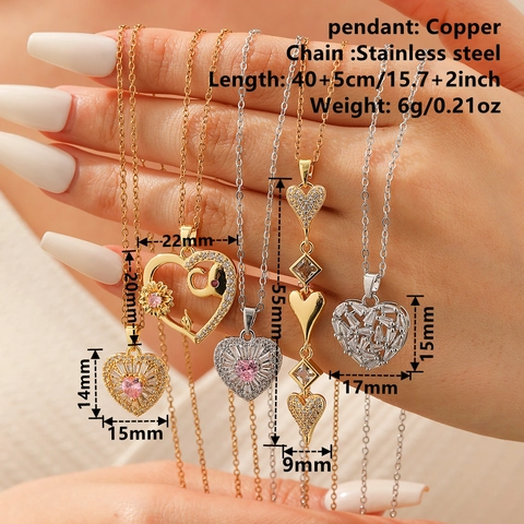 Heart Pendant Necklace With Stainless Steel Chain And Copper Zircon Sweet Fashion Jewelry For Women