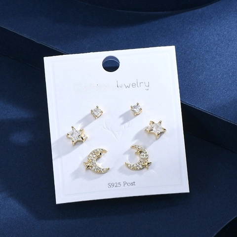 Orecchini a Bottone Luna e Stella Con Perno in Argento Sterling 925 Rame Placcato Oro Con Strass Intarsiati Gioielli Donna Moda