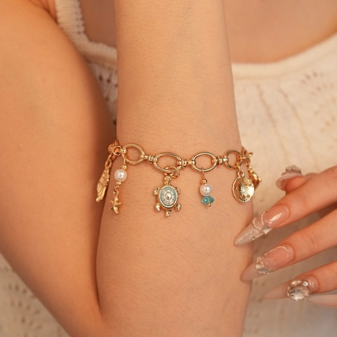Bracciale Charm Tema Oceano Tono Oro Lega Tartaruga Marina Stella Marina Cavalluccio Marino Polpo Conchiglia Perla Artificial Imitazione Donna