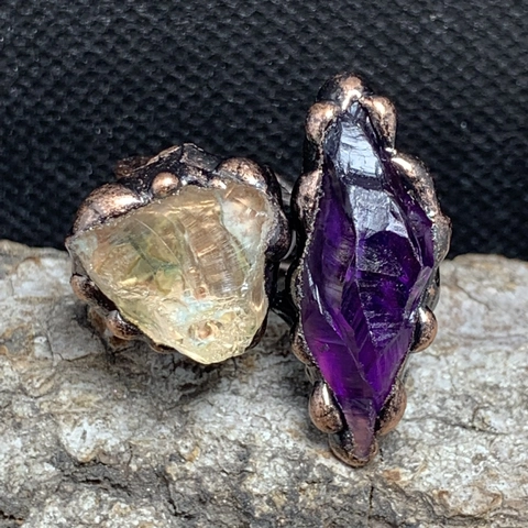 Anillo Vintage Amatista Natural Cristal Verde Piedra Bruta Irregular Hecho A Mano Chapado En Bronce Ajustable Abierto Joyería