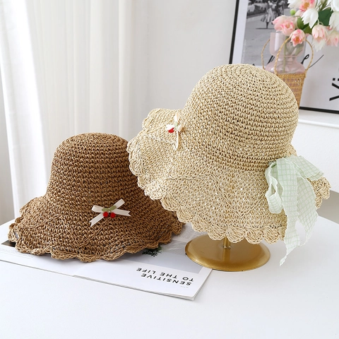 Women Straw Sun Hat Wide Brim Paper Straw Wavy Scalloped Edge Bow Ribbon Cherry Decoration Summer Beach Vacation Breathable