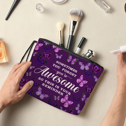 Bolsa De Maquillaje Mariposa Púrpura Lino Cita Inspiradora Neceser Organizador Portátil Cremallera Bolso De Mano