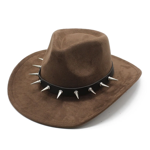 Chapeau De Cow-Boy Occidental Daim Bord Large Avec Pointes Métalliques Bande Cuir Cloutée Style Punk Rock Pour Hommes Femmes