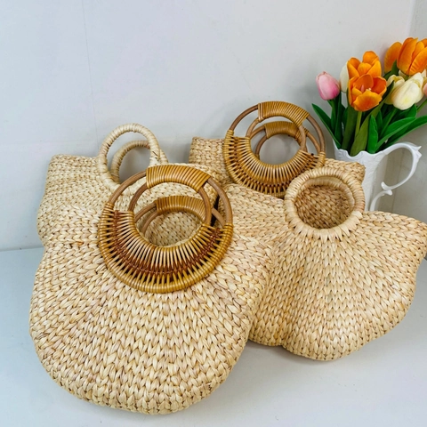 Borsa Di Paglia Intrecciata A Mano Forma Semicircolare Ventaglio Estate Spiaggia Vacanze Tote Manico Tondo Stile Boho Donna