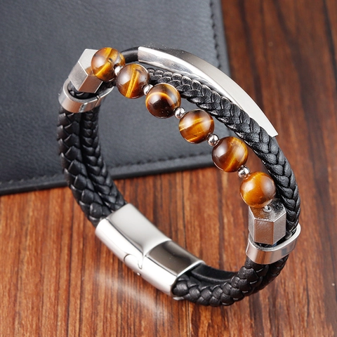 Bracciale Multistrato Uomo Pelle Nera Intrecciata Pietra Occhio Di Tigre Con Chiusura Magnetica In Acciaio Inossidabile 316L Stile Punk