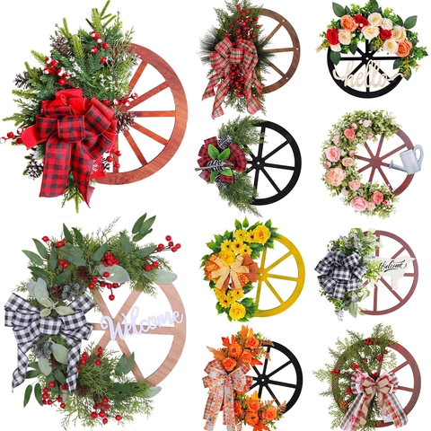 Corona A Ruota Di Carro Rustica Legno Fiori Artificiali Verde Decorazione Porta Fiocco Quadri Stagionale Natale Halloween Casa