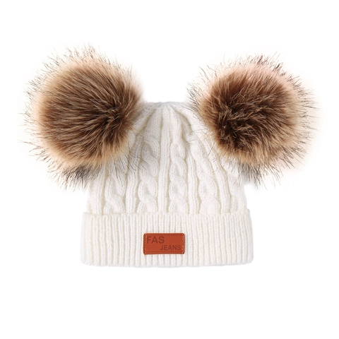 Neue Herbst Winter Baby Kinder Strickmütze Doppel Pompon Warm Zopfmuster Weiche Acryl Kleinkind Mützen Outdoor Hut