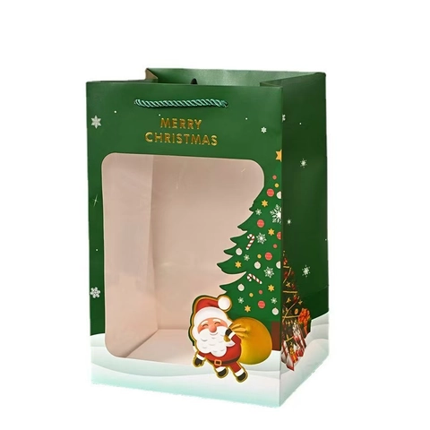 Christmas Gift Bag White Cardboard With Clear Window And Handle For Holiday Presents Santa Claus Reindeer Patterns