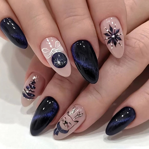 Christmas Press On Nails Almond Shape Blue Cat Eye Glitter Snowflake Reindeer Design Artificial Manicure For Women