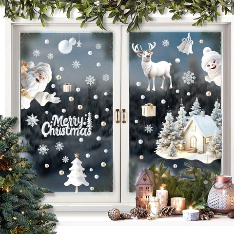 Weihnachten Weihnachtsmann Schneeflocken Fenster Statische Aufkleber PVC Frohe Weihnachten Glasaufkleber Für Festliche Dekoration