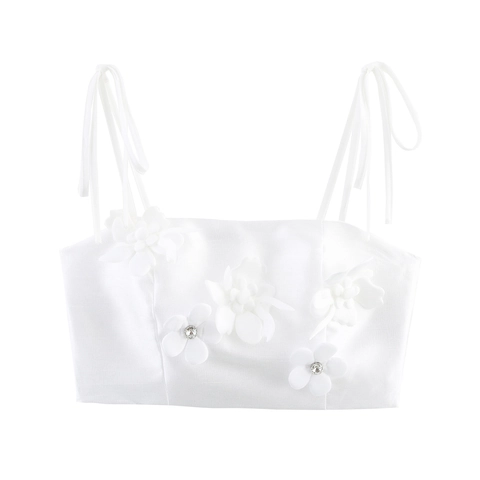 Femme Caraco Crop Top Blanc Et Jupe Longue Taille Haute Avec Fleurs 3D Strass Élégant Style