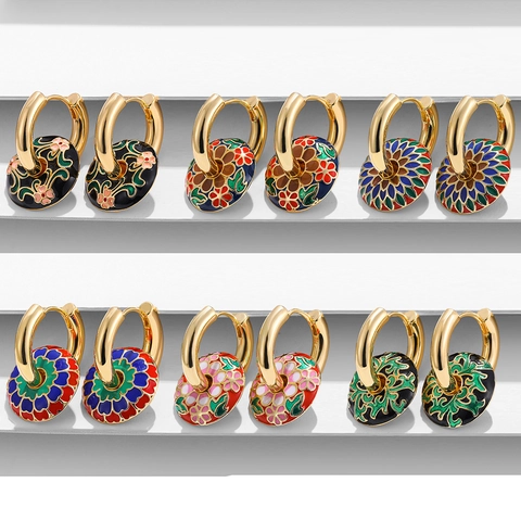 Vintage Enamel Flower Hoop Earrings Stainless Steel Gold Plated Cloisonné Floral Round Pendant Ethnic Jewelry For Women