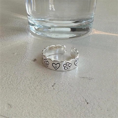 Anello Aperto In Argento Sterling 925 Motivo Cuore Fiore Smiley Bordo Ondulato Regolabile Gioielli Carini Per Donna