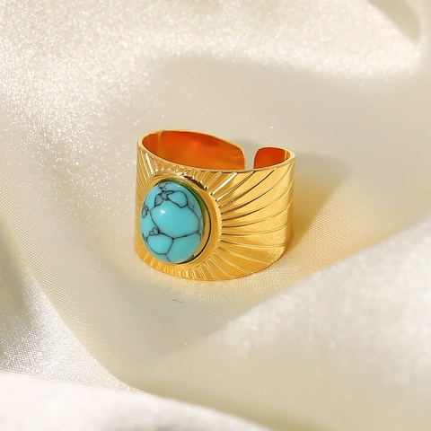 Anello Bohemian in Acciaio Inossidabile Placcato Oro 18K per Donna Motivo a Raggi di Sole in Turchese Anello Regolabile