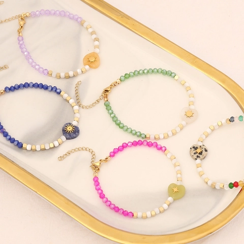 Stainless Steel Natural Stone Heart Pendant Beaded Bracelet For Women Crystal Artificial Pearl Beads Adjustable Gold Sun Motif Boho Jewelry