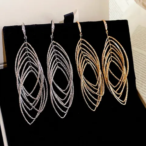 Ovale Holle Meerlaagse Hangende Oorbellen Met Zirkoon Ingelegde Zilveren Oorbelpinnen Geometrische Metalen Sieraden Voor Vrouwen