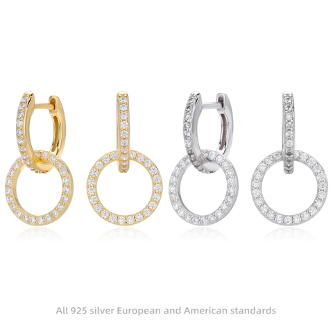 Luxe 925 Sterling Zilveren Dubbele Ring Oorbellen Voor Vrouwen Fonkelende Zirconia Pavé Geometrische Cirkel Oorbellen Mode Sieraden