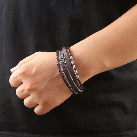 Vintage Multi-layer Braided Leather Bracelet For Men With Stainless Steel Magnetic Buckle And Beads