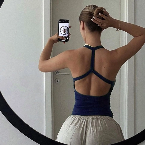 Women Ribbed Tank Top Hollow Out Back Sleeveless Polyester Spandex Slim Fit Solid Color U Neck Casual Sports Cami