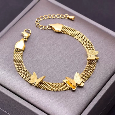 Mode Bracelet Papillon en Acier Titane Plaqué Or 18K pour Femme Chaîne Tressée Plate Réglable Fermoir Mousqueton Bijoux