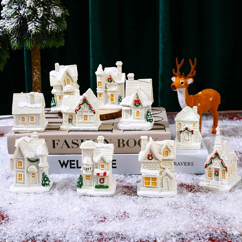 Christmas Mini Glowing House Resin LED Light Up Snow Scene Desktop Ornament Micro Landscape Festive Decor