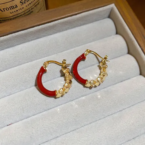 Orecchini A Cerchio Stile Francese Retrò Lega Goffrata Cuore Dorato E Smalto Rosso Goccia Olio Contrasto Geometrico Gioielli Donna