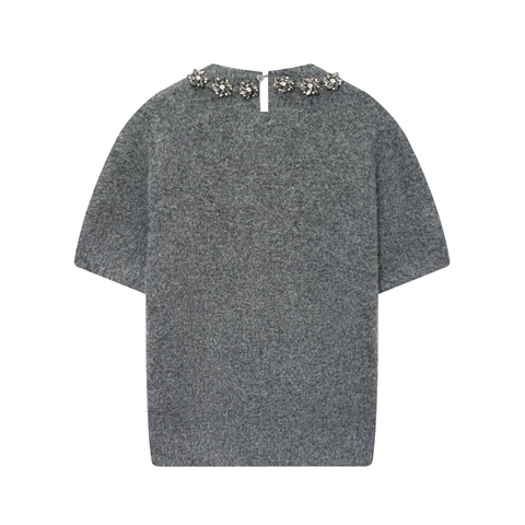 Kurzarm Strickpullover Damen Perlen Rundhals Strass Blumen Dekoration Flauschig Grau Polyester Elegant Oberteil