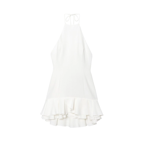 Halter Mini Dress Polyester Layered Ruffle Hem Backless Sleeveless Solid White Chic Party For Women