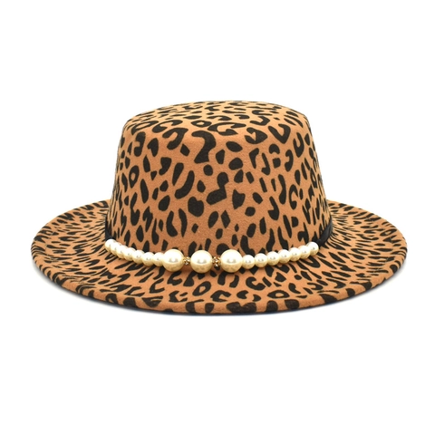 Women Leopard Print Woolen Fedora Hat Flat Top Wide Brim With Pearl Trim Vintage Fashion Elegant Winter Felt Hat