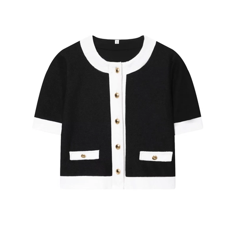 Cardigan A Maniche Corte E Pantaloni A Gamba Larga Da Donna Maglia Finiture A Contrasto Bottoni Dorati Abito Elegante