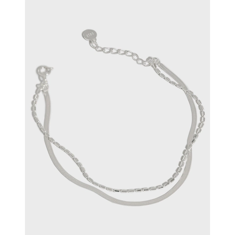 Bracelet Double Couche Argent Sterling 925 Chaîne Serpent Et Chaîne À Perles Carrées Minimaliste Mode Ajustable