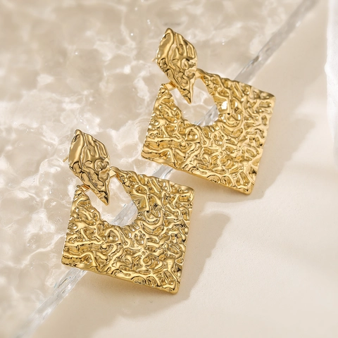 Geometric Drop Earrings 18K Gold Plated Stainless Steel Hammered Lava Texture Square Hollow Minimalist Style For Women