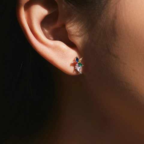 Orecchini a Bottone a Forma di Fiore Arcobaleno in Argento Sterling 925 Con Zirconia Colorati Intarsiati Gioielli Geometrici per Donna