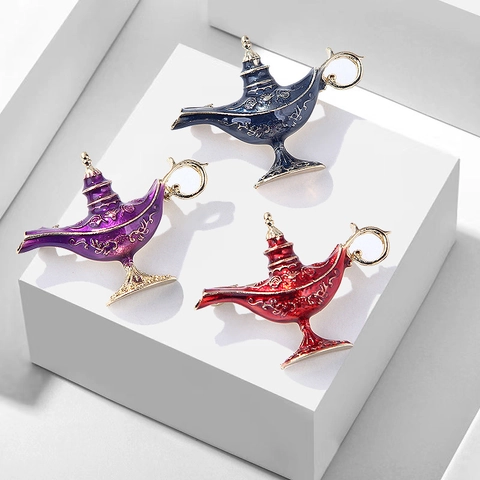 Aladdin Magic Lamp Enamel Brooch Pin Alloy Gold Plated Vintage Retro Exotic Style Jewelry Gift For Women Men