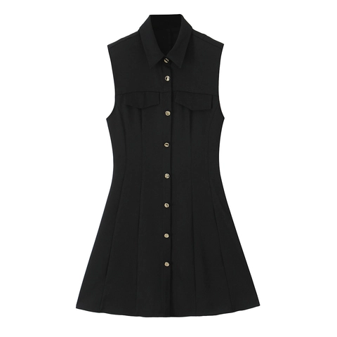 Women Sleeveless Shirt Mini Dress Polyester Crepe Button Down Lapel Collar Solid Color Pockets A-Line Elegant