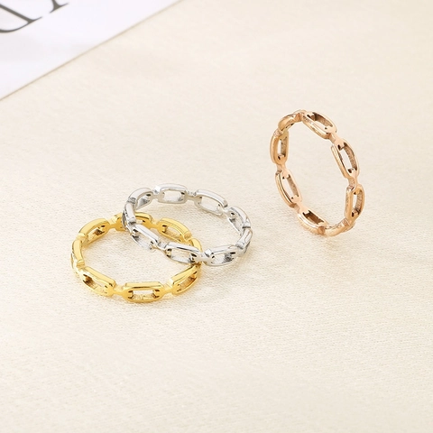 Stainless Steel Chain Link Ring Hollow Geometric Minimalist Industrial Style Polished Jewelry For Men Women