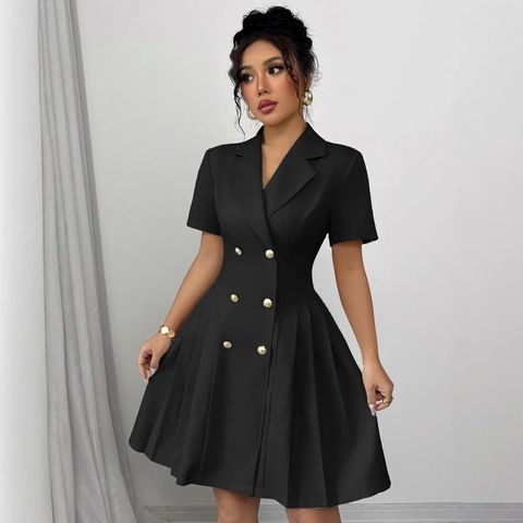 Korte Mouwen Blazerjurk Polyester Double Breasted Gouden Knopen Slanke Taille Geplooide Zoom Elegante Kantoorkleding Dames