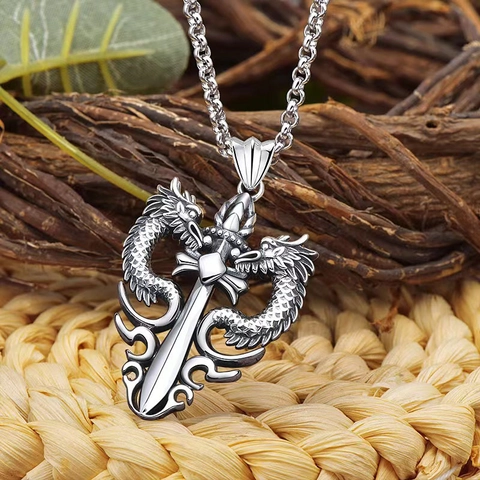Dragon Pendant Necklace Alloy Retro Sword Design Hip Hop Style For Men Vintage Silver Tone Jewelry